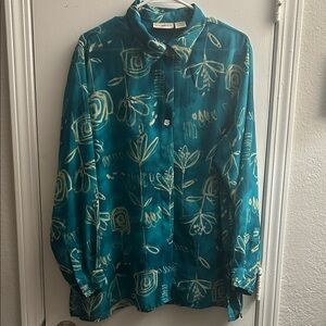 Teal Sheer Button-Down w/ Floral Graphic Accents